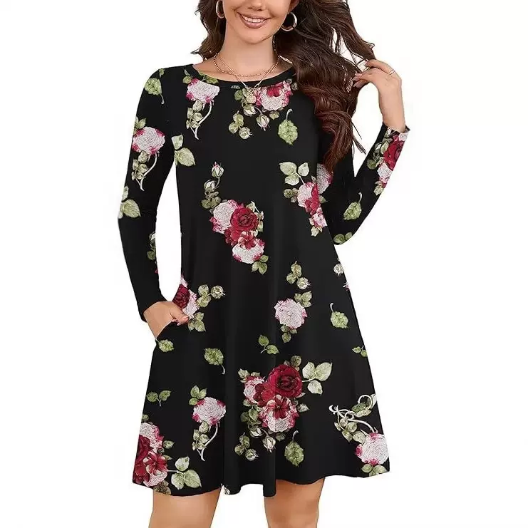 2025跨境亚马逊独立站数码印花优雅圆领长袖带口袋连衣裙文艺复古