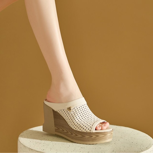 Sandal hở mũi nữ gót nêm đan thoáng mát — màu be, màu đen