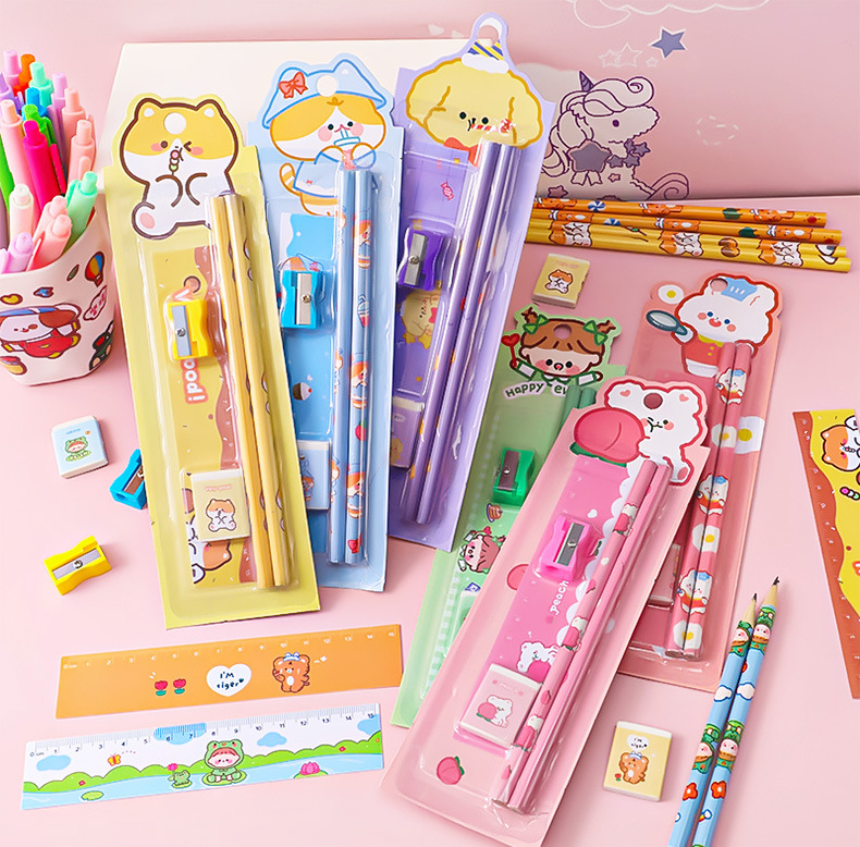 Student Learning Stationery Cartoon Pencil Eraser Ruler Pencil Sharpener Five-piece Set display picture 1