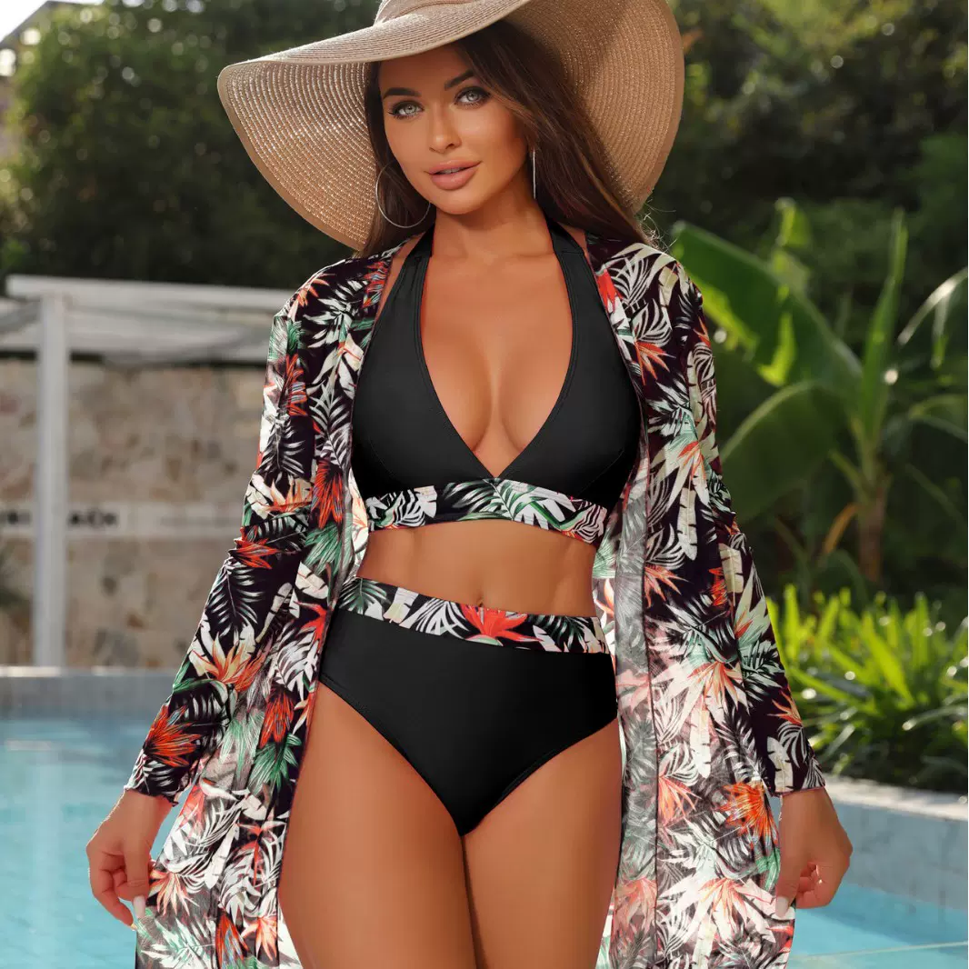 欧美外贸新款比基尼网纱分体三件套泳衣女夏季防晒罩 衫泳装