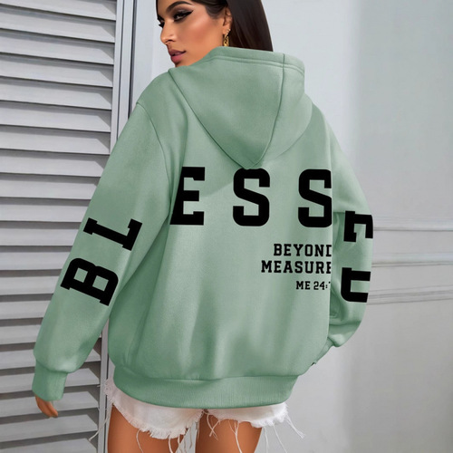 Ocode Bsed Hooded Sweatshirt with Blessing Letter Print, Casual Long-Sleeve Pocket Drawstring Hooded Sweatshirt