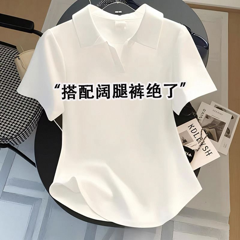 European Polo Collar White Short-Sleeved T-Shirt for Women Summer 2025 New Slim Fit Right Shoulder Sexy Short Top Cotton Ins Trend