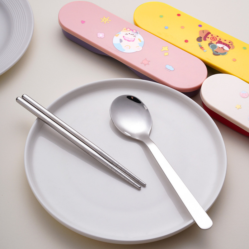 304 ステンレス鋼 DIY 便利な食器セット学生や子供のための屋外米付きかわいい漫画スプーンと箸 2 点セット|undefined