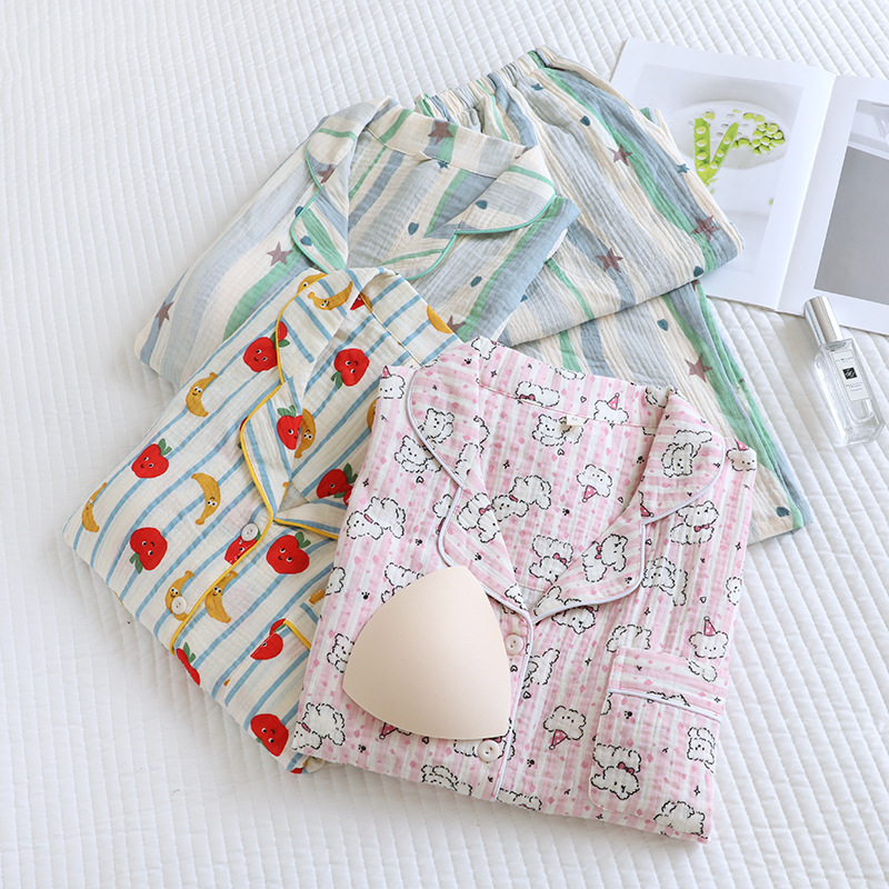 Pure Cotton Crepe Double-Layer Cotton Gauze Pajamas with Breast Pads for Women, Long-Sleeved Home Clothes, Bra-Free Spring & Fall Thin Dopamine