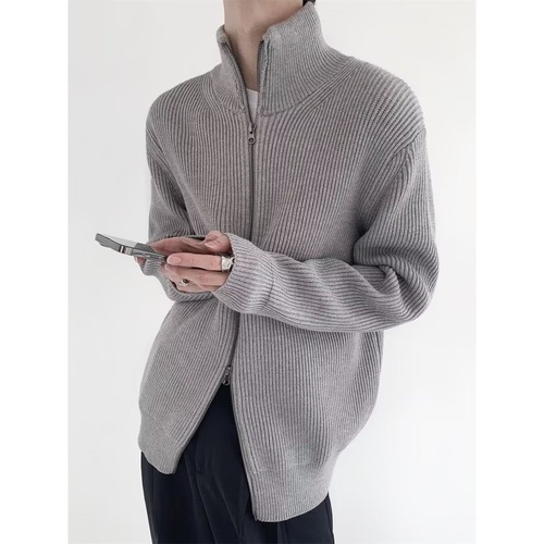 Autumn/Winter Collarless Pullover Cardigan for Men, Couple's Outerwear, Cool Style Knitwear, Zipper, Solid Color, Versatile, Fine Needle and Thread Wool