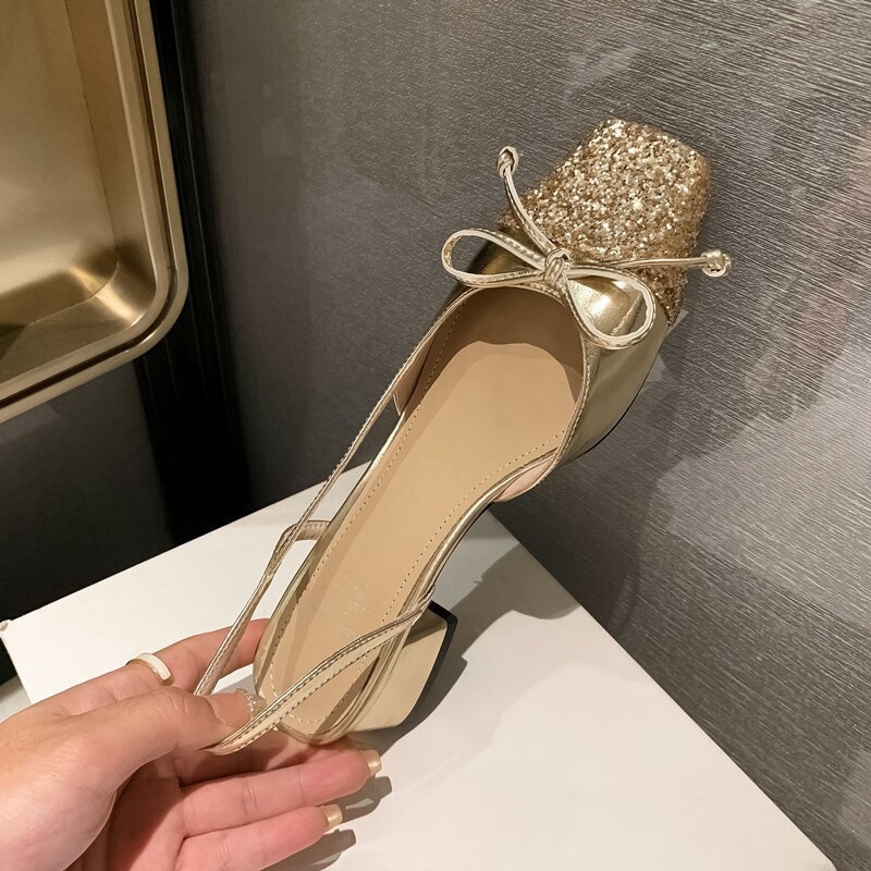 Fairy-style Sequins Thick Heel Mary Jane Shoes Bow Dress High Heels Half-covered-toe Sandals Women's 2024 New Style