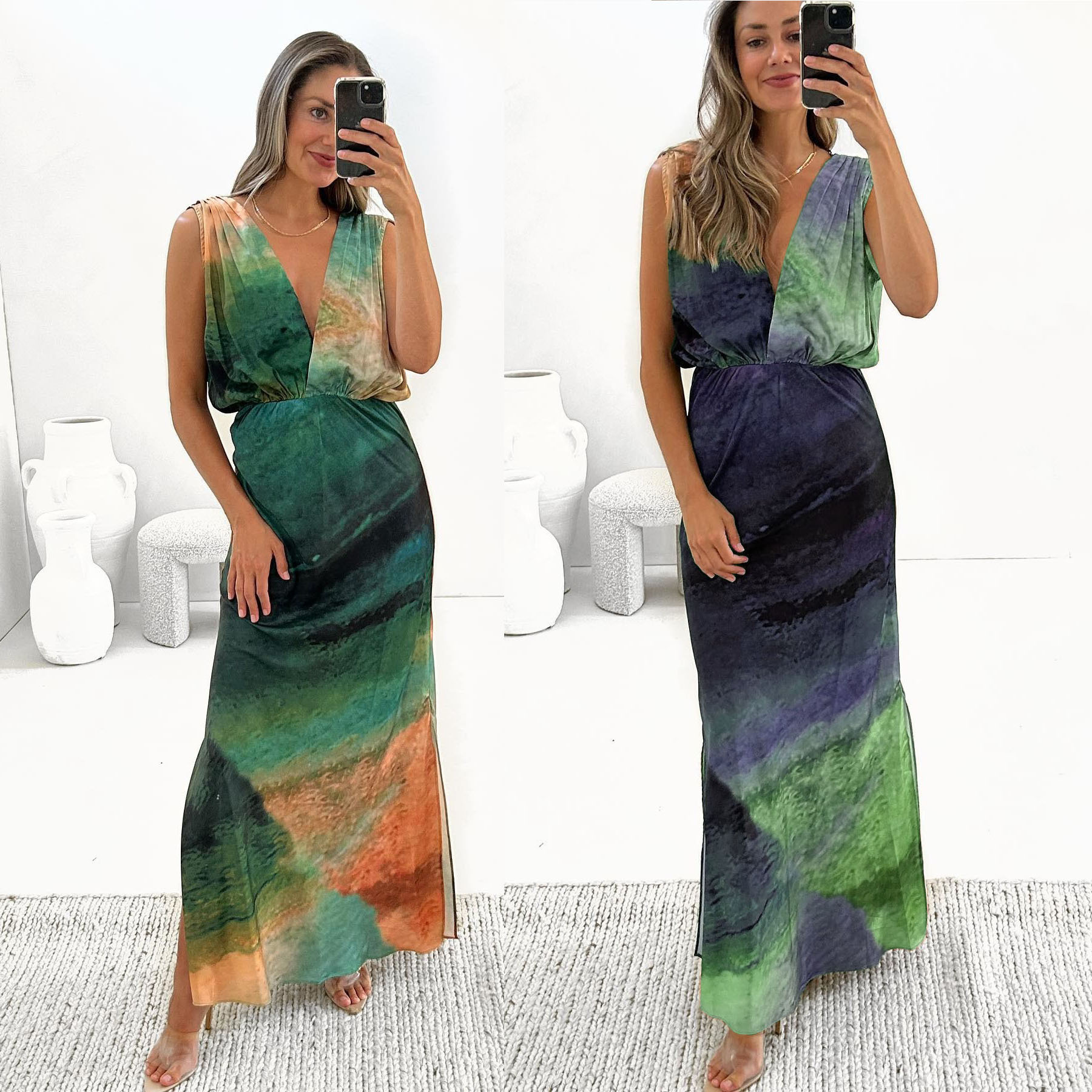 273g Weight Maxi Long Dress Dress Length Type Sleeveless Sleeve Length A-Line Skirt Dresses Type Polyester Fabric Type Wholesale Women'S Fashion Backless Tie Dye Daily V Neck Sleeveless A-Line Skirt