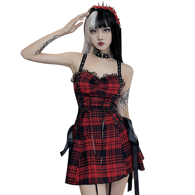 Gothic Red Plaid Dress for Women