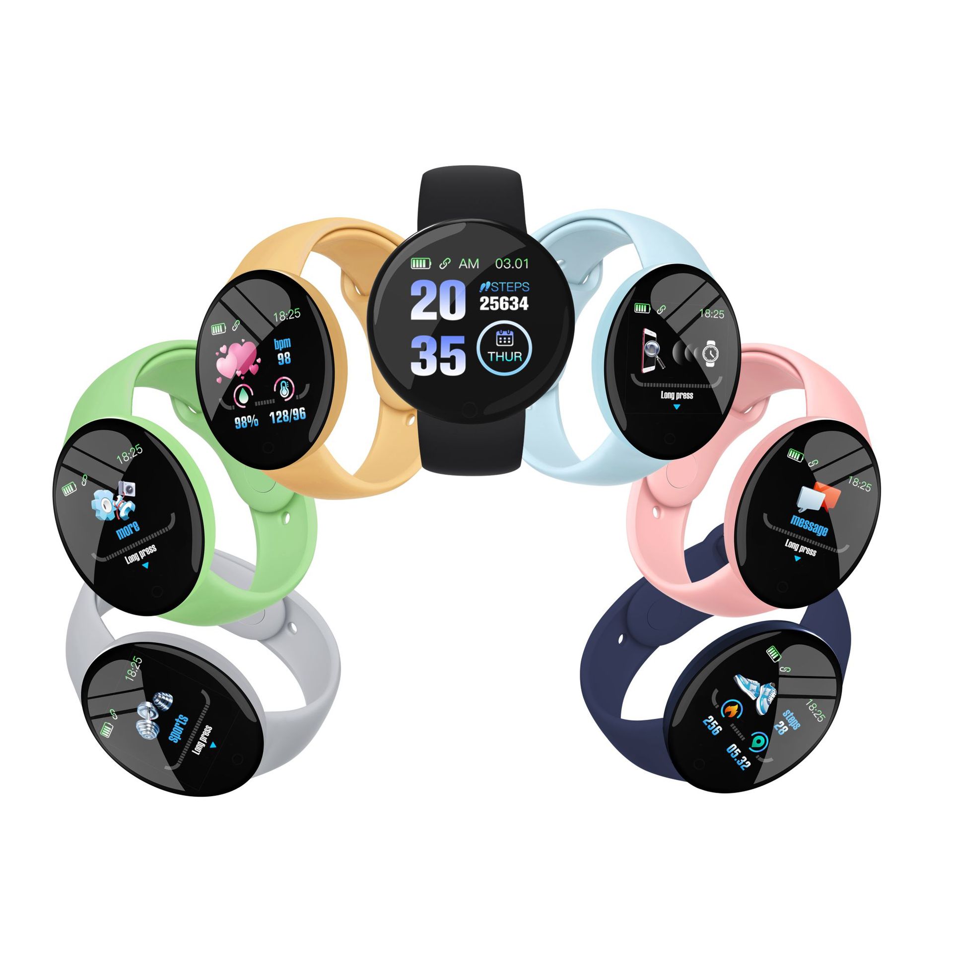 新款D18S马卡龙心率运动计步健康监测八色自定义背景智能手表礼品