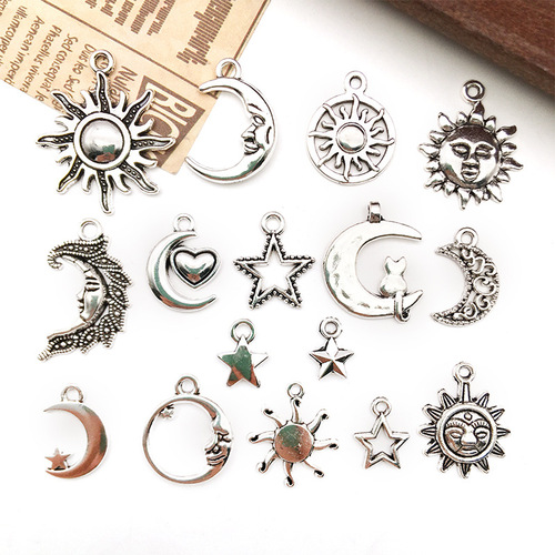 A vintage alloy sun, moon, and star accessory DIY necklace, bracelet pendant, small silver-plated charm
