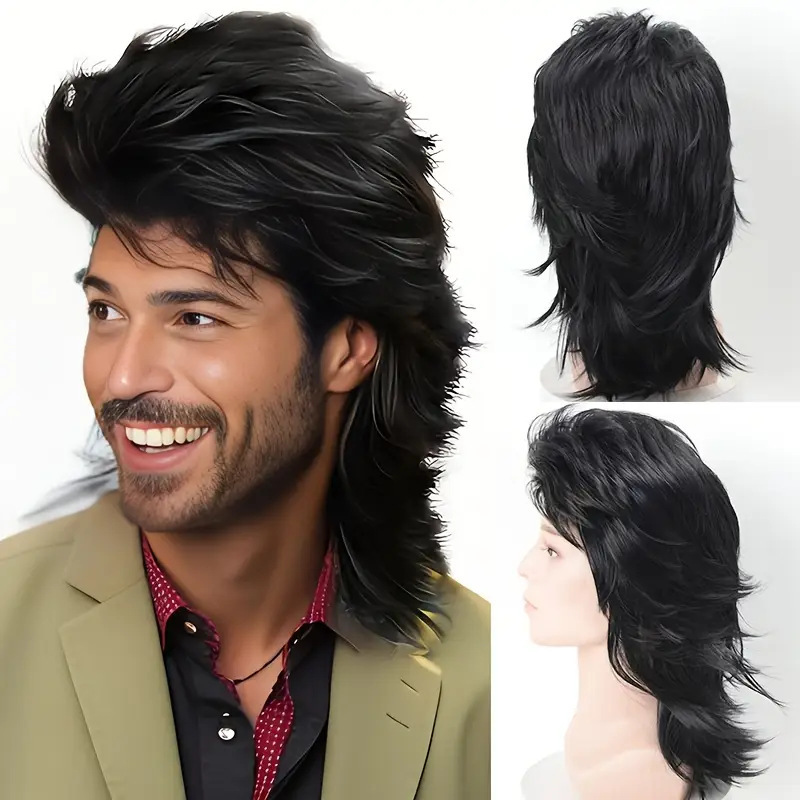 Men's Brown Short Curly Hair Synthetic Fiber Hairpiece Long Bangs Natural Fluffy Style Wig_voghion.com