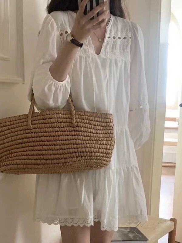 Ethnic Style Hollow Out French Patchwork Long Sleeve Dress Summer Bohemian Loose A-Line Short Dress Fresh