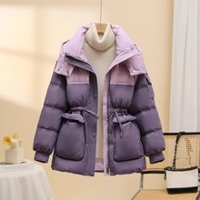 中长款羽绒服女2024年新款拼接撞色收腰小个子白鸭绒冬季加厚外套