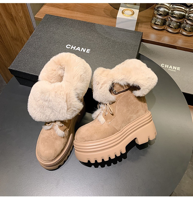 Boot nữ cổ cao ôm bắp chân đế nêm tăng chiều cao 12cm lót lông ấm — mơ 15cm chi tiết 22