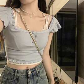 弹力T恤女装夏季蓝色甜辣妹纯欲风短款紧身性感小飞袖上衣