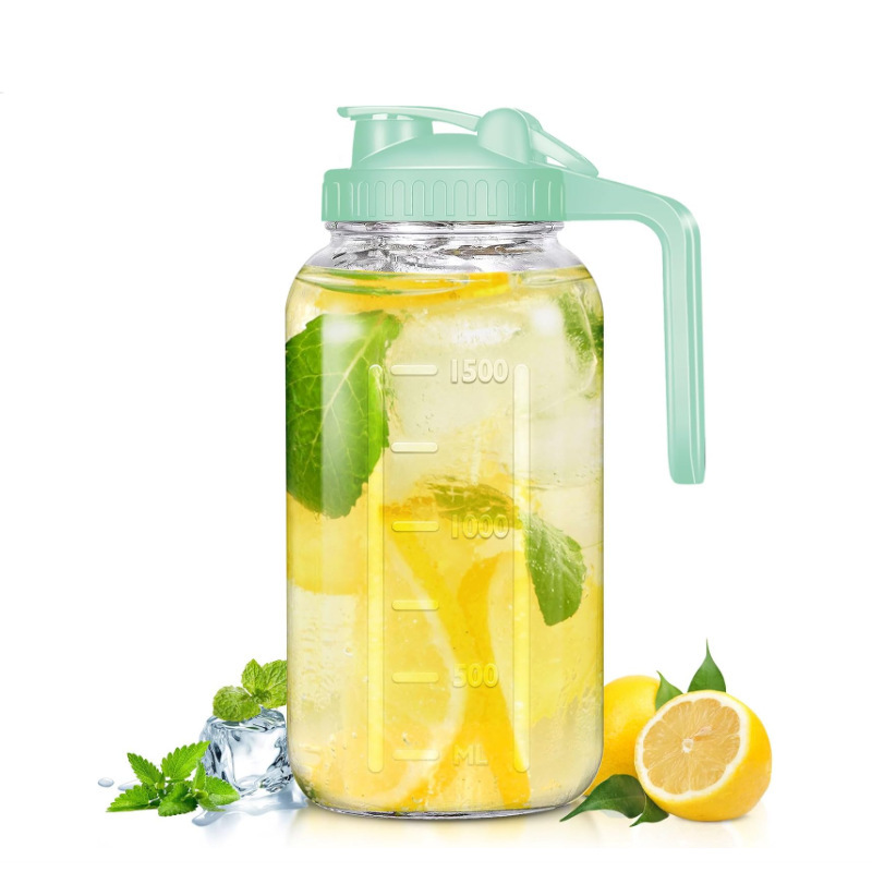 Amazon 64oz Mason fría botella de agua fría botella de bebida 32oz con escala botella de bebida de vidrio conjunto de filtro de café