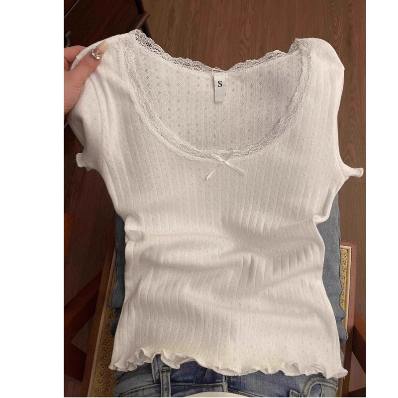 White Pure Desire Sweet Lace Slim Fit Base Shirt for Women, Summer Regular Shoulder Short Inner Short Sleeve T-Shirt Top