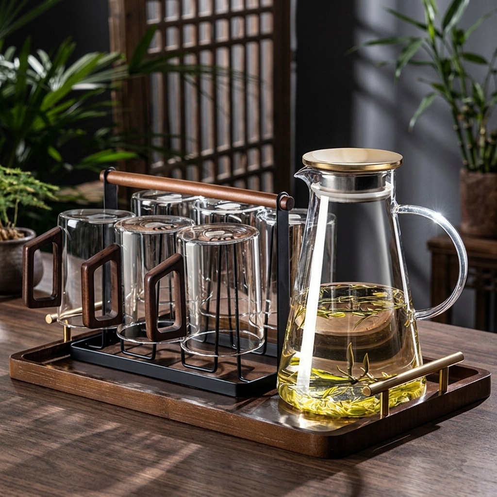 Tea Cup Set for Home Living Room, High Temperature Resistant Gold-Rimmed Water Cup, Large Capacity Wooden Handle, 6 Transparent Glass Cups for Entertaining Guests