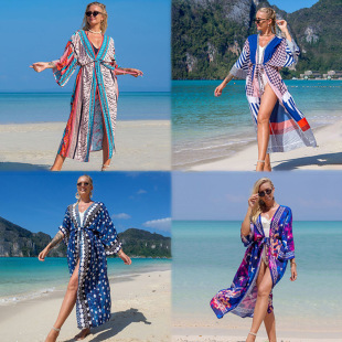 2022 cross-border European and American new beach blouse positioning printed rayon holiday long cardigan bikini women's sunscreen shirt