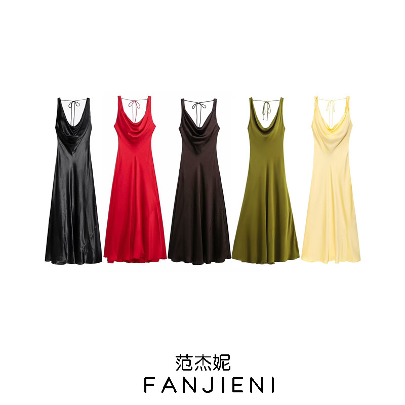 Zr Foreign Trade Wholesale European and American Style Women's Clothing Fashionable and Elegant Silk Satin Midi Dress 2452331 300