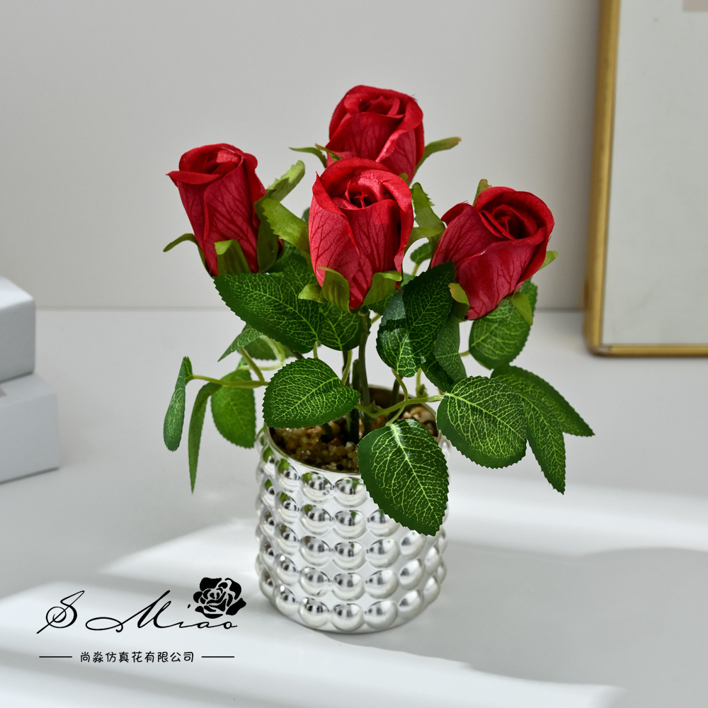 Transfronterizos de 4 cabezas de flores falsas de bonsai moda imitación de maceta decoración del hogar fotografía ornamentos de flores artificiales de boda image 4
