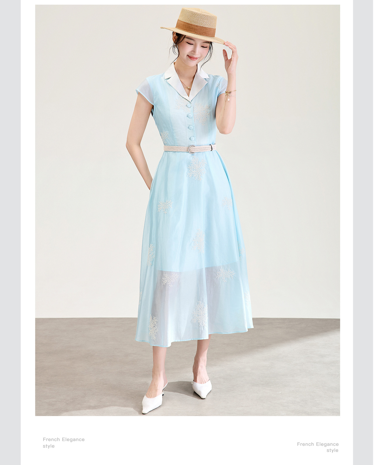 Đầm maxi nữ thắt eo tay phồng nhẹ dáng suông — xanh lam chi tiết 8