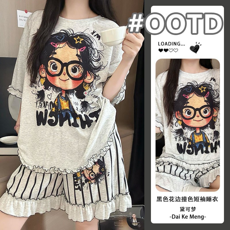 Sweet Style Cartoon Short-Sleeved Pajamas for Women Summer New Home Clothes Loose Sexy Shorts Large Size Suit Outer Wear