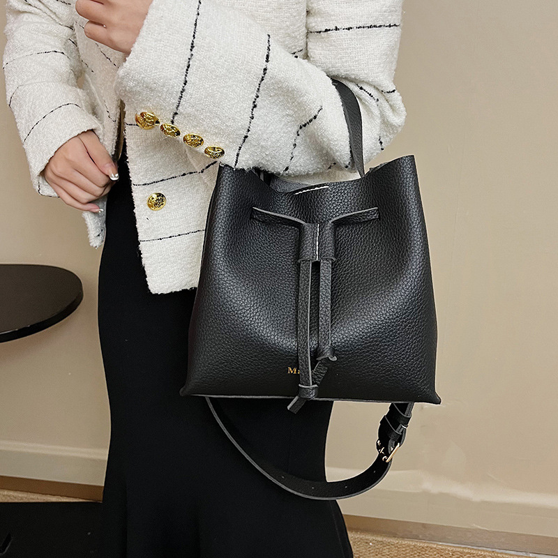 Shangxin DIY hecho a mano bolsa de cuero de la PU bolso de cubo con cordón bolsa de material casero coreano Estómago Grande Rey bolso de hombro portátil para las mujeres