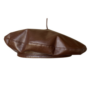 mona Same Style Hat Flying Saucer Hat Korean Style All-match Retro PU Leather Internet Celebrant Beret Showering Face Small Painter Hat