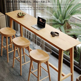 Solid Wood Bar Table and Chairs for Home Bar, Natural Wood Color, High-Legged Narrow Table, Balcony, Modern Leisure Small Bar, Wabi-Sabi Style
