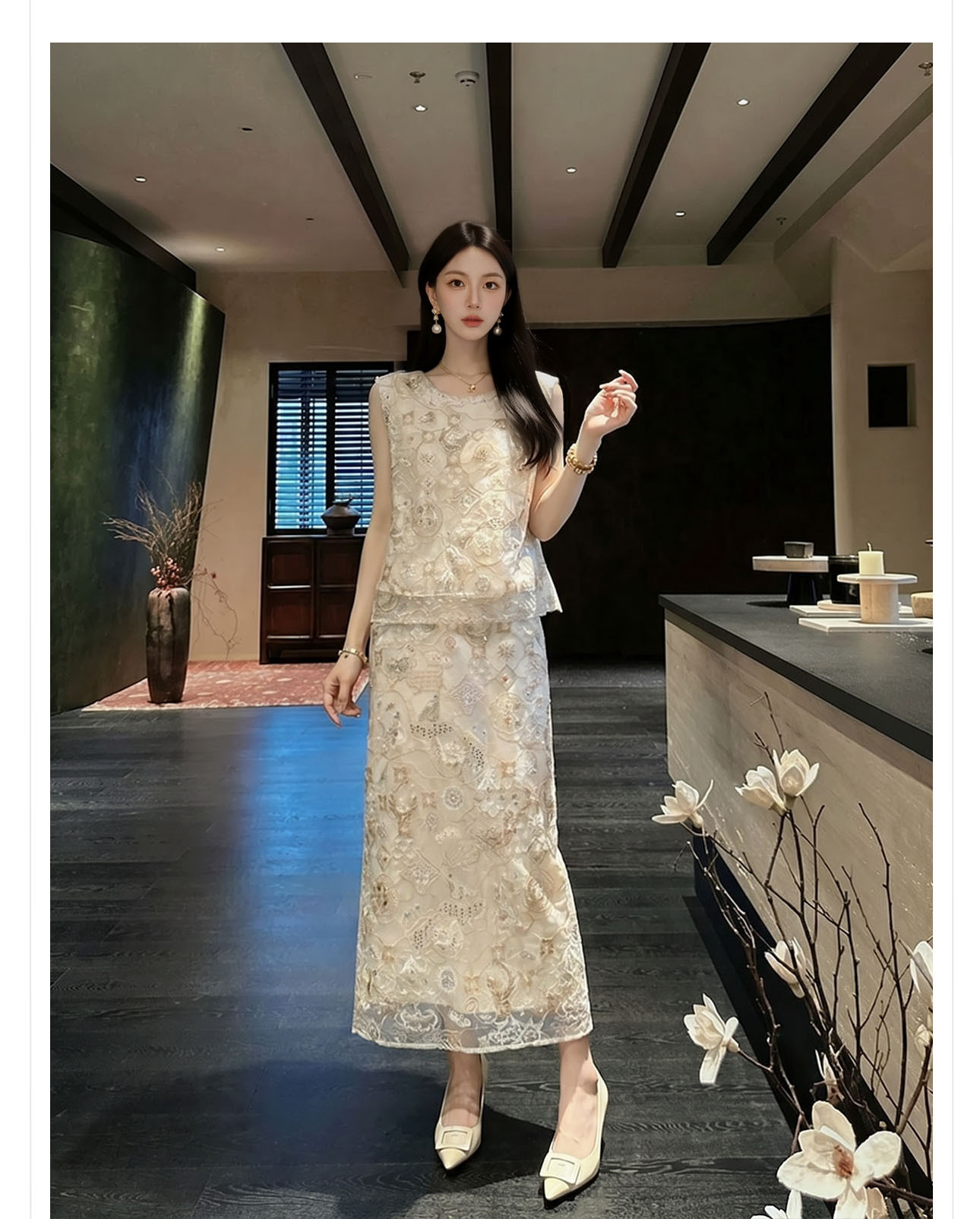 Bộ áo vest không tay và chân váy midi thêu ren cườm phong cách Tân Trung Hoa — bộ đồ, nửa váy, Trang chủ chi tiết 9