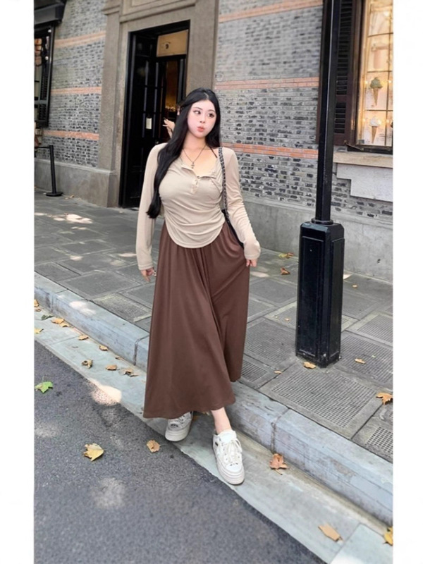 大码胖mm秋季新款甜辣显瘦吊带连衣裙T恤设计感长袖上衣女两件套|undefined