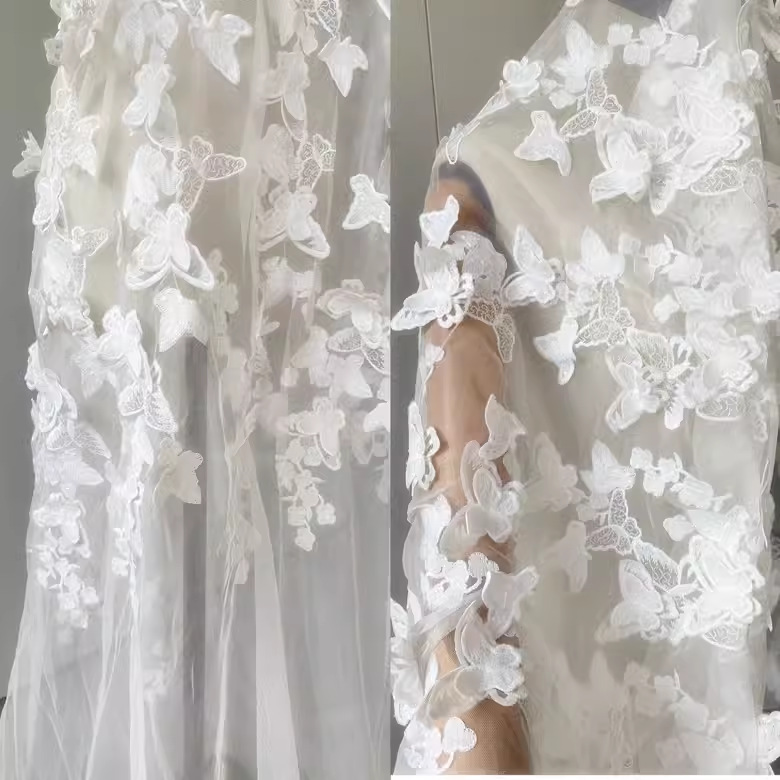 高端3D立体蝴蝶刺绣蕾丝网纱蝴蝶贴花婚纱布料刺绣水溶蕾丝