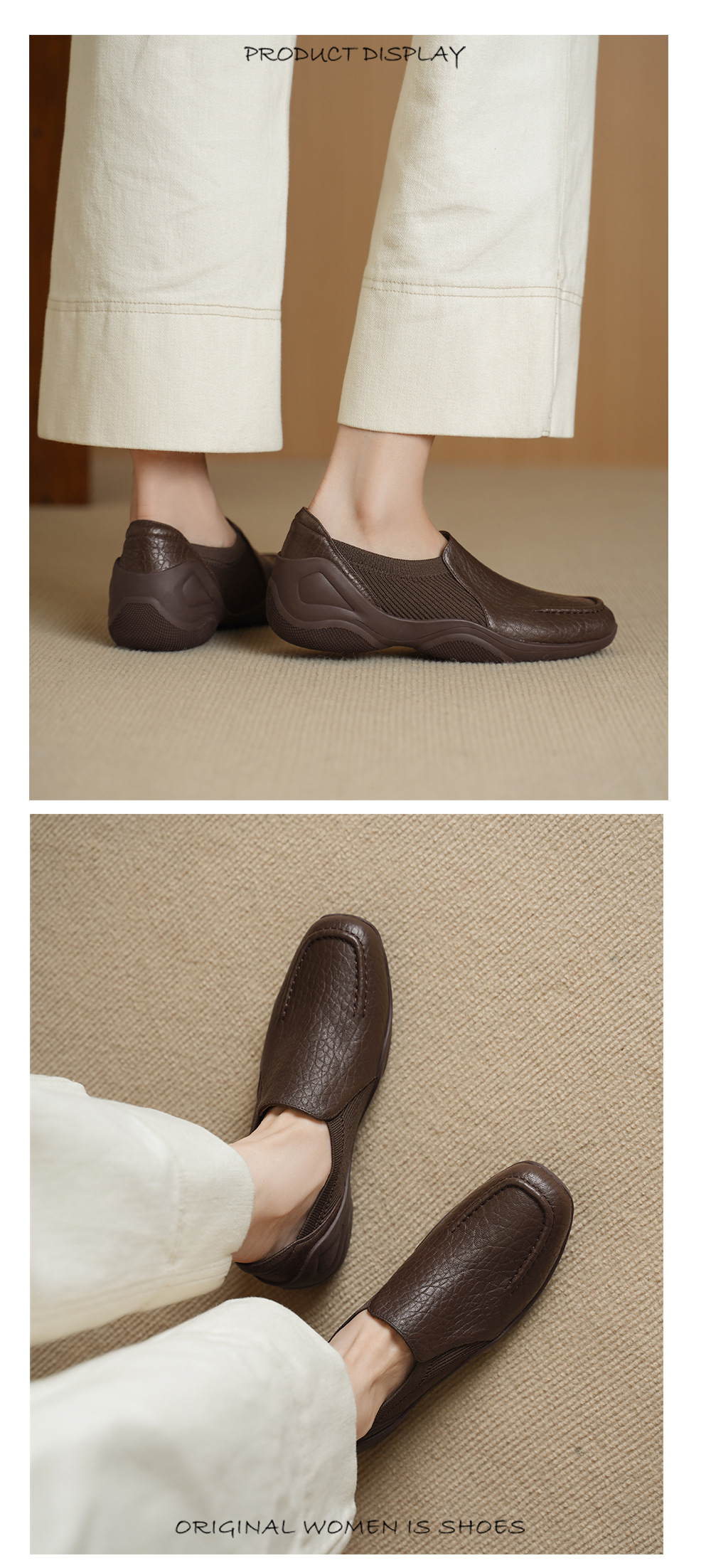 Giày loafer nữ da dê mũi sâu, gót vuông 3 cm, hoa nổi, phong cách bà nội trẻ trung — màu nâu chi tiết 6