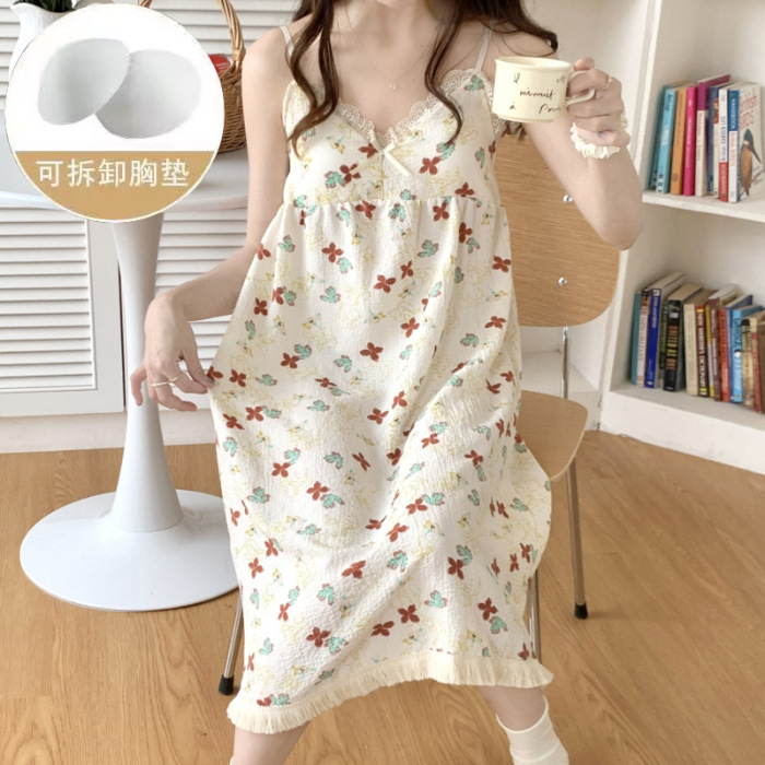 Pantalones de pijama de verano de mujer, almohadillas de pecho, viento, lindos encajes de cuello en v, flores cortas, arte, pijama casero