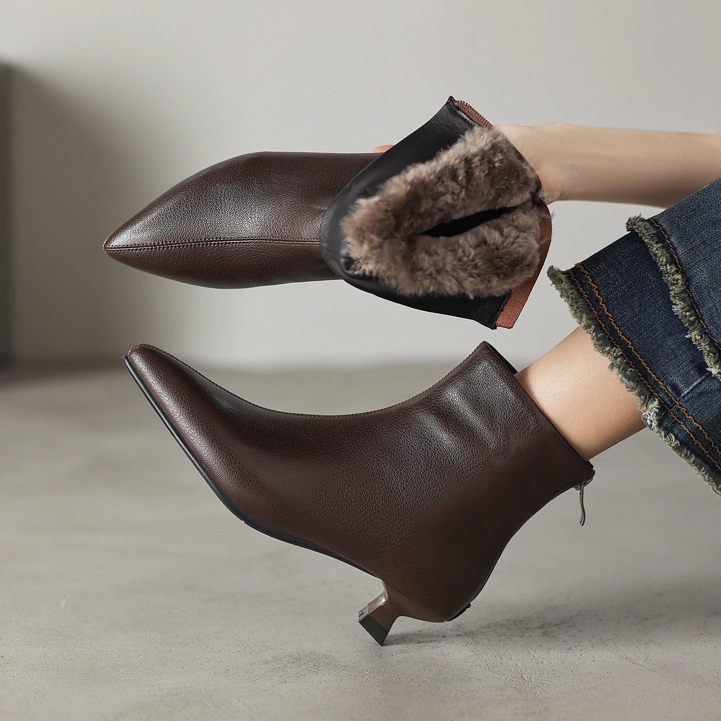 Winter Warm Short For Women, French Style, Thin Mid Pointed Toe, Slim B, Kitten Heel, Fleece Lined, Thickened Snow_voghion.com