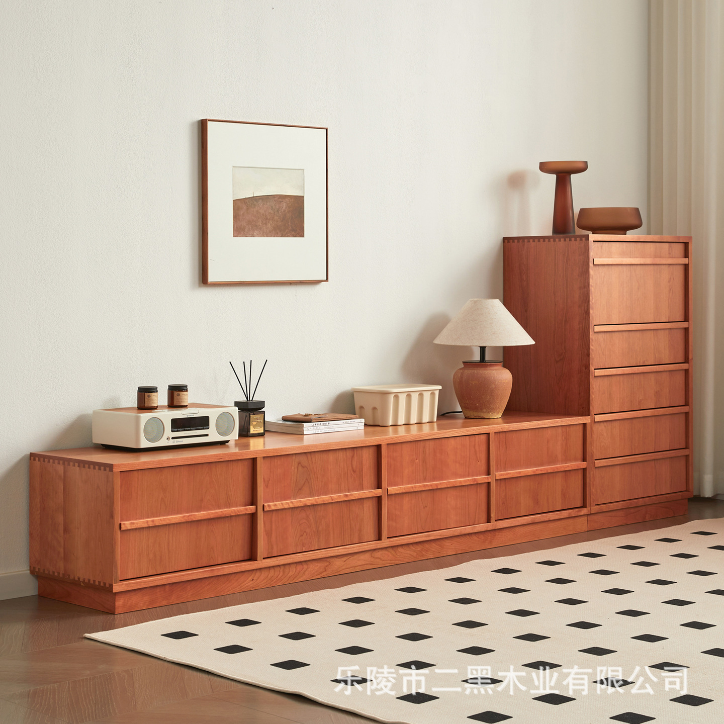 Solid Wood Mid-Century Style Floor-Standing Tv Cabinet Living Room Skeleton Line Retro Storage Storage Cabinet Combination Customization