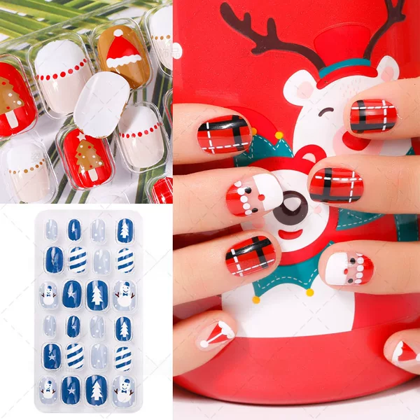 Finished Nail Patches for Kidsren, 24 Patches, Cartoon Christmas Fake Nails, Removable Nail Stickers with Adhesive Backing