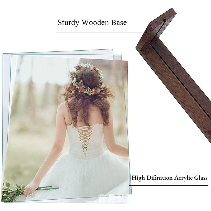 Marco de fotos de madera en forma de U decoración de base de fotos de escritorio de doble cara marco de fotos de vidrio acrílico transparente logotipo impreso