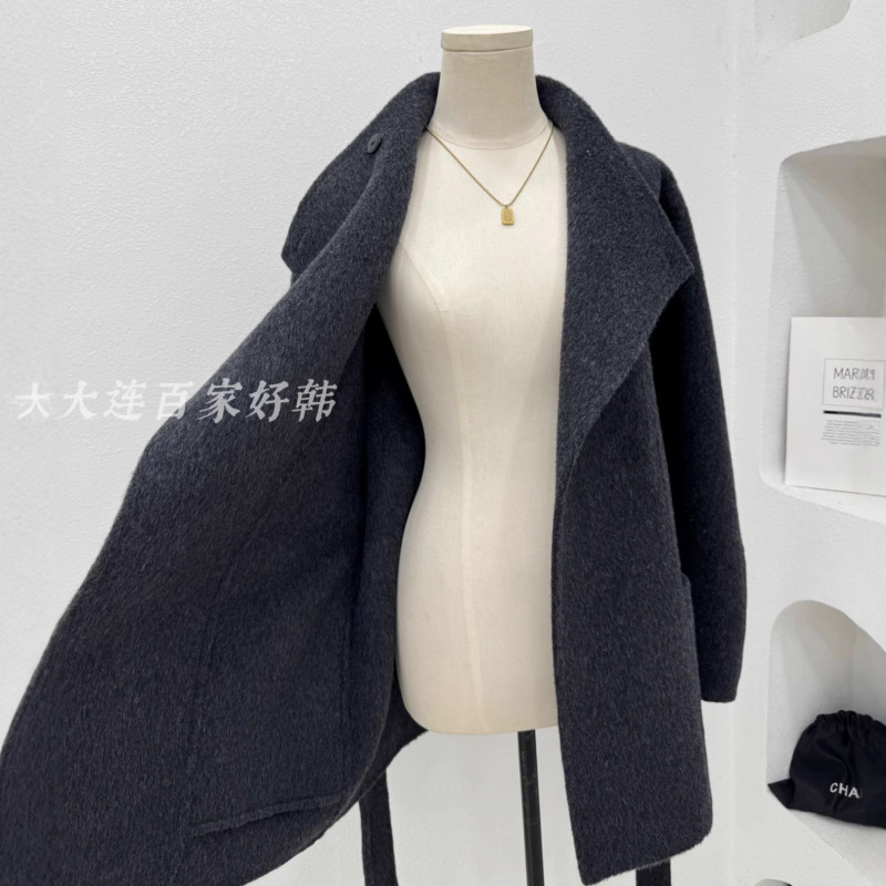 慵懒气质立领大翻领双面羊毛大衣女短款秋冬季25年新款腰带外套韩|undefined