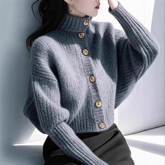 高领蝙蝠衫2025新款毛衣开衫女秋冬季高级感超好看的短款针织外套