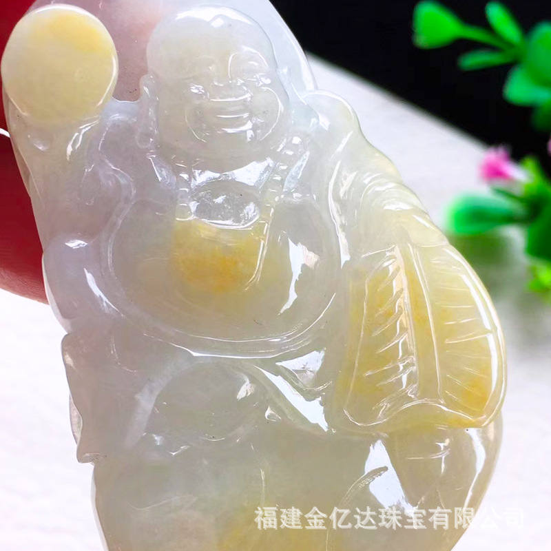 直播货源缅甸天然翡翠吊坠  A货黄翡布袋佛带证书