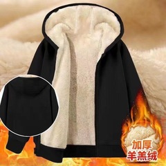 秋冬男士纯色百搭羊羔绒卫衣外套男黑色加绒宽松拉链连帽开衫卫衣