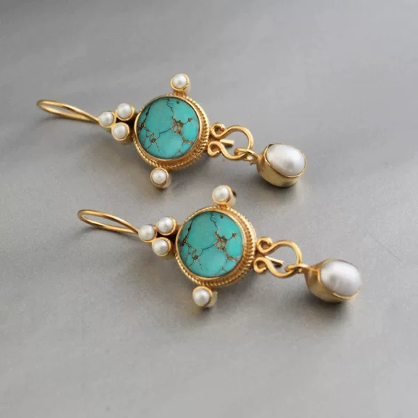 Bohemian turquoise earrings vintage sand gold alloy inlay pearl personality earrings jewelry wholesale