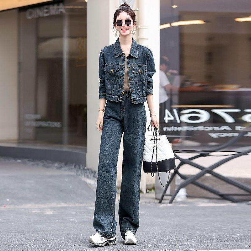 Jeans Suit Women's Spring and Autumn New Fashion Style Wide-Leg Trousers Short Jacket Two-Piece Set