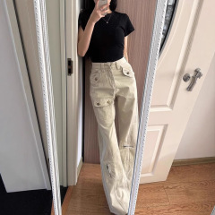美式多口袋工装牛仔裤女夏季2025新款酷飒风高腰直筒微喇叭阔腿裤