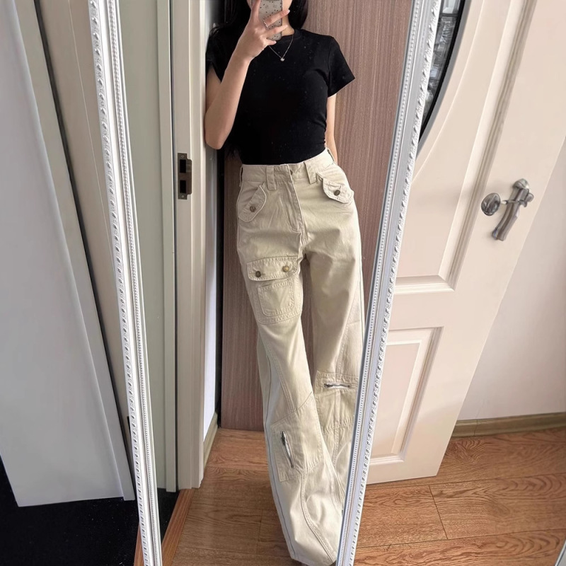 American Multi-Pocket Work Jeans for Women Summer 2025 New Cool Style High-Waisted Straight-Leg Micro-Flared Wide-Leg Pants