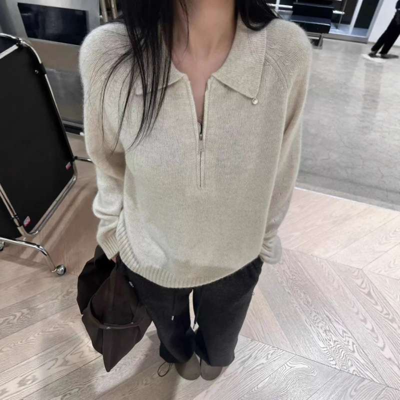 设计感半拉链翻领套头毛衣女秋冬新款韩系立领宽松气质针织衫外穿|undefined