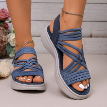 平底2025透气女新款凉鞋夏季编织镂空厚底套脚女式凉鞋