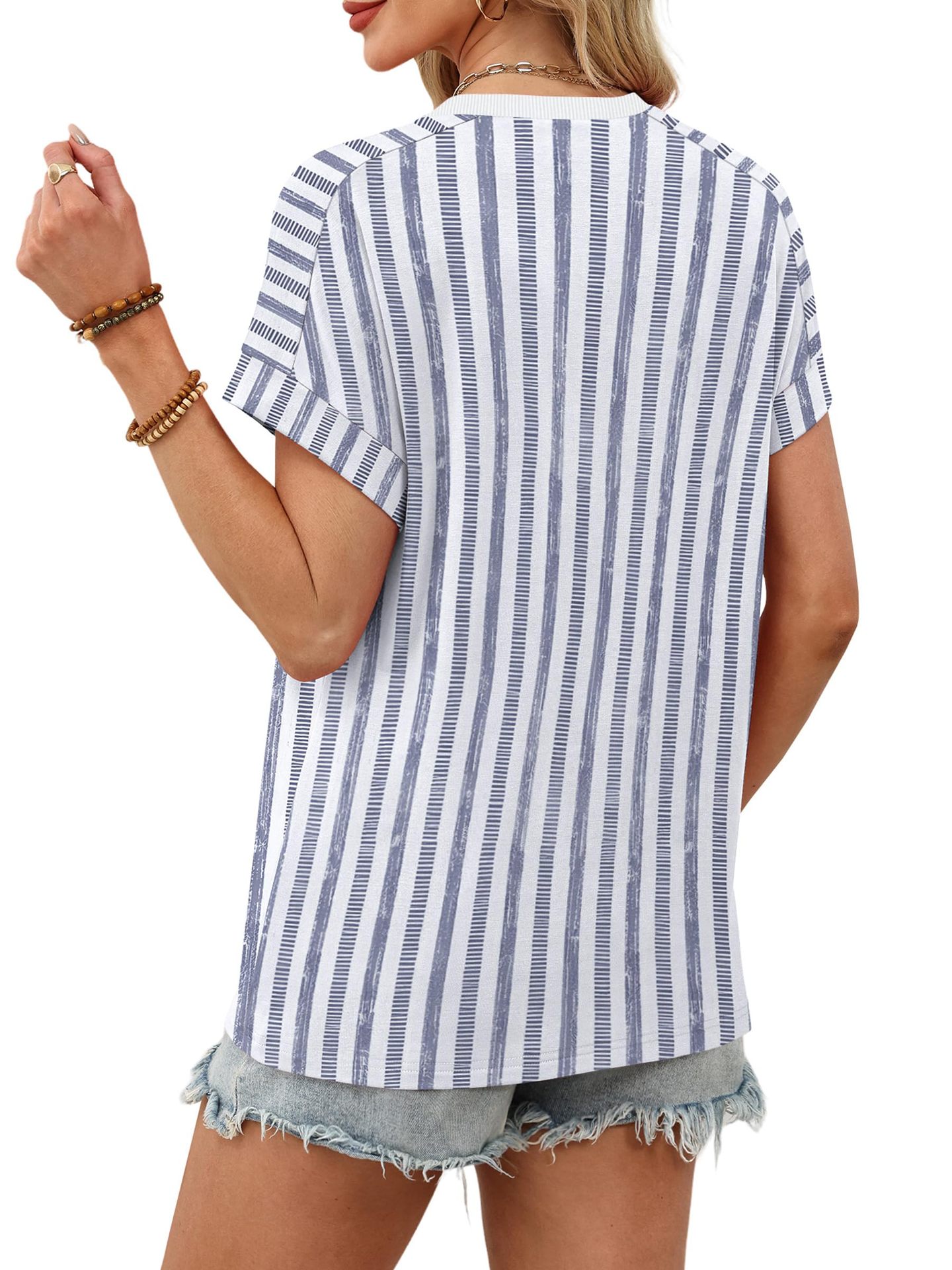 Summer New Women's Round Neck Casual Striped T-Shirt Short Sleeve Top American Style_ecoleips.com